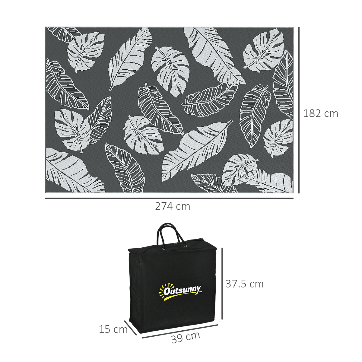 Outsunny Reversible Waterproof Outdoor Rug W/ Carry Bag, 182 x 274cm, Grey