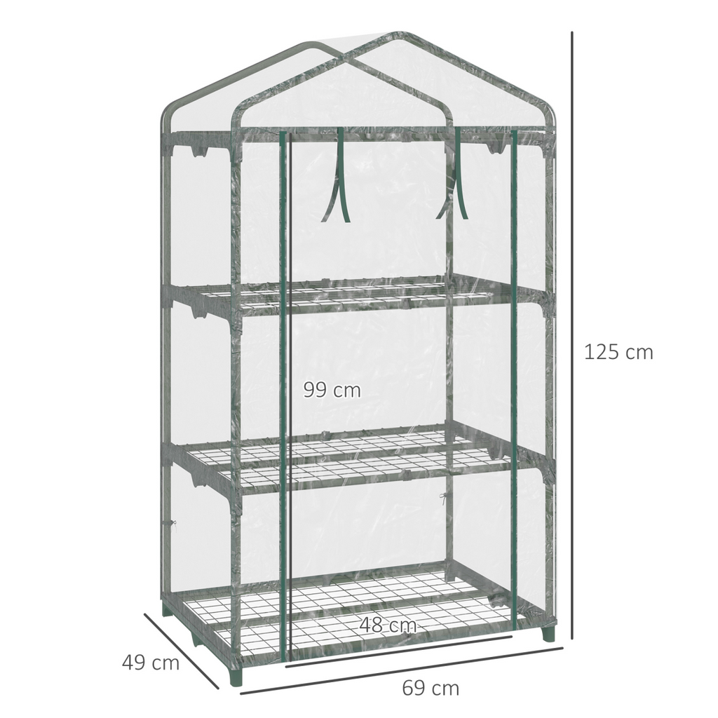 3 Tier Mini Greenhouse Roll Up Door Wire Shelves, 69x49x125cm, Clear
