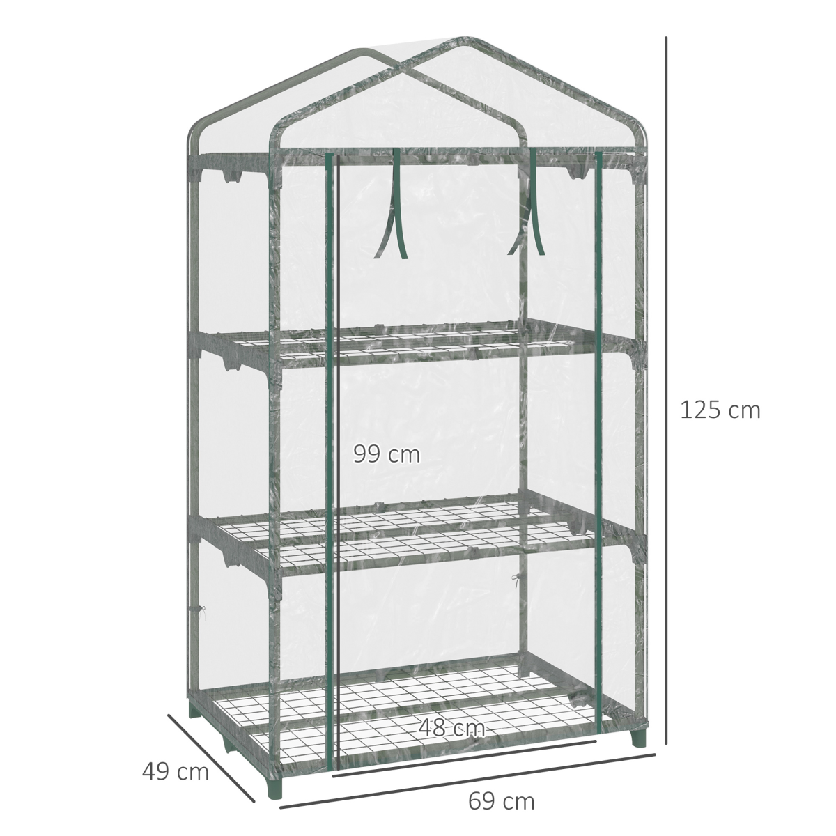 3 Tier Mini Greenhouse Roll Up Door Wire Shelves, 69x49x125cm, Clear