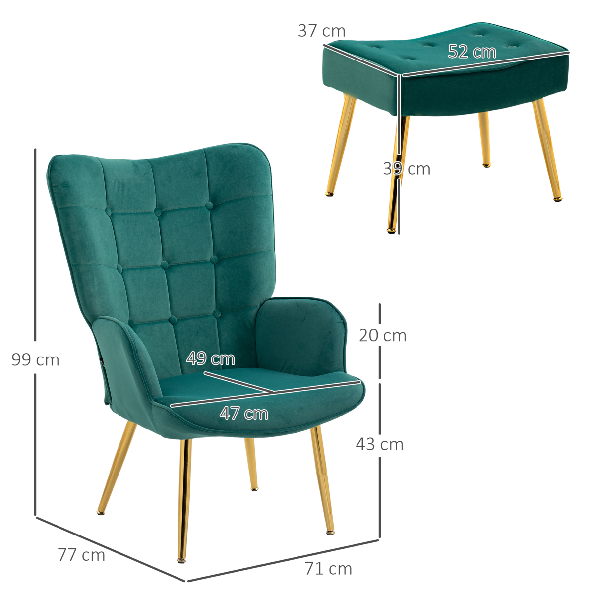 HOMCOM Button Tufted Armchair with Footstool and Gold Tone Steel Legs Dark Green