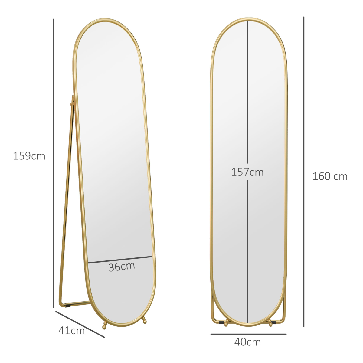 HOMCOM Oval Full Length Mirror with Metal Frame Hanging or Leaning Gold Tone