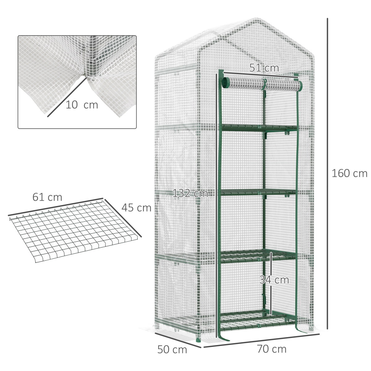 4 Tier Mini Greenhouse, Portable with Steel Frame, PE Cover, 160x69x50cm