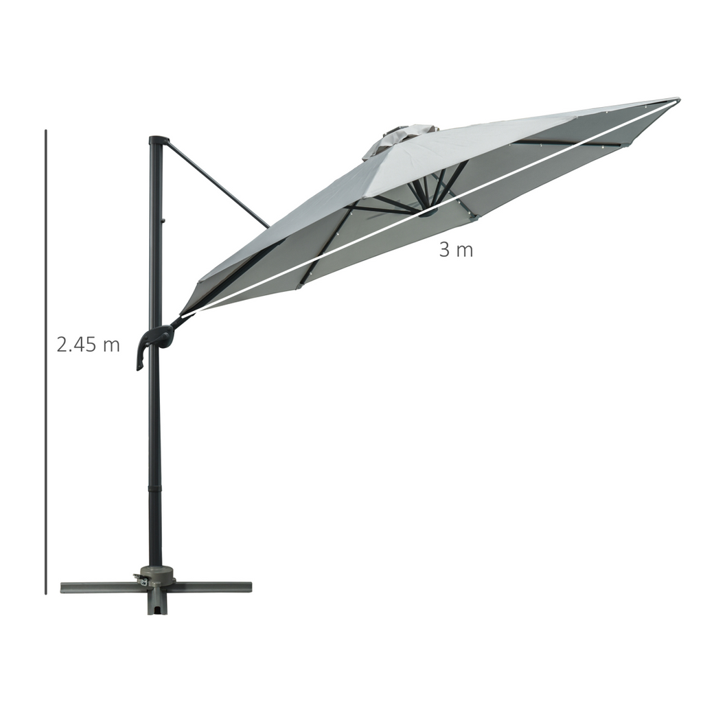 3m Cantilever Roma Parasol Patio Sun Umbrella with LED Solar Light, Grey