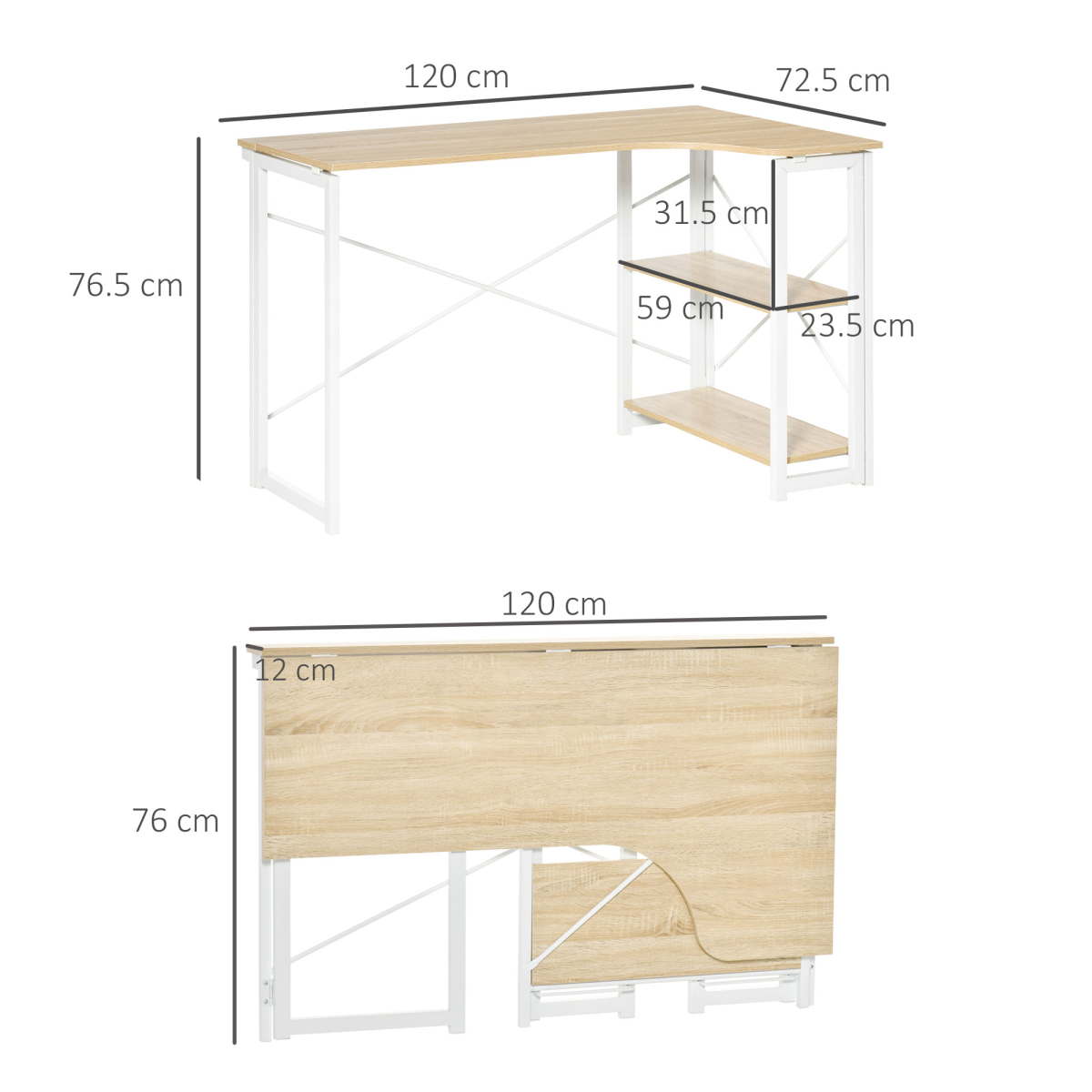 L-Shape Folding Computer Desk Study Workstation with 2 Shelves Oak Tone