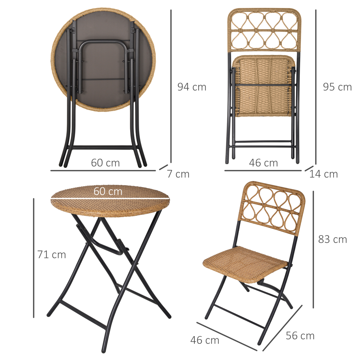 3 PCS Rattan Wicker Set Easy Folding, Hand Woven Rattan Coffee Table & Chairs