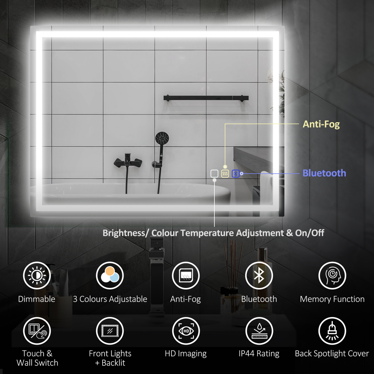 HOMCOM 600 x 800 mm Bathroom Mirror with Bluetooth Lights Demister Pad