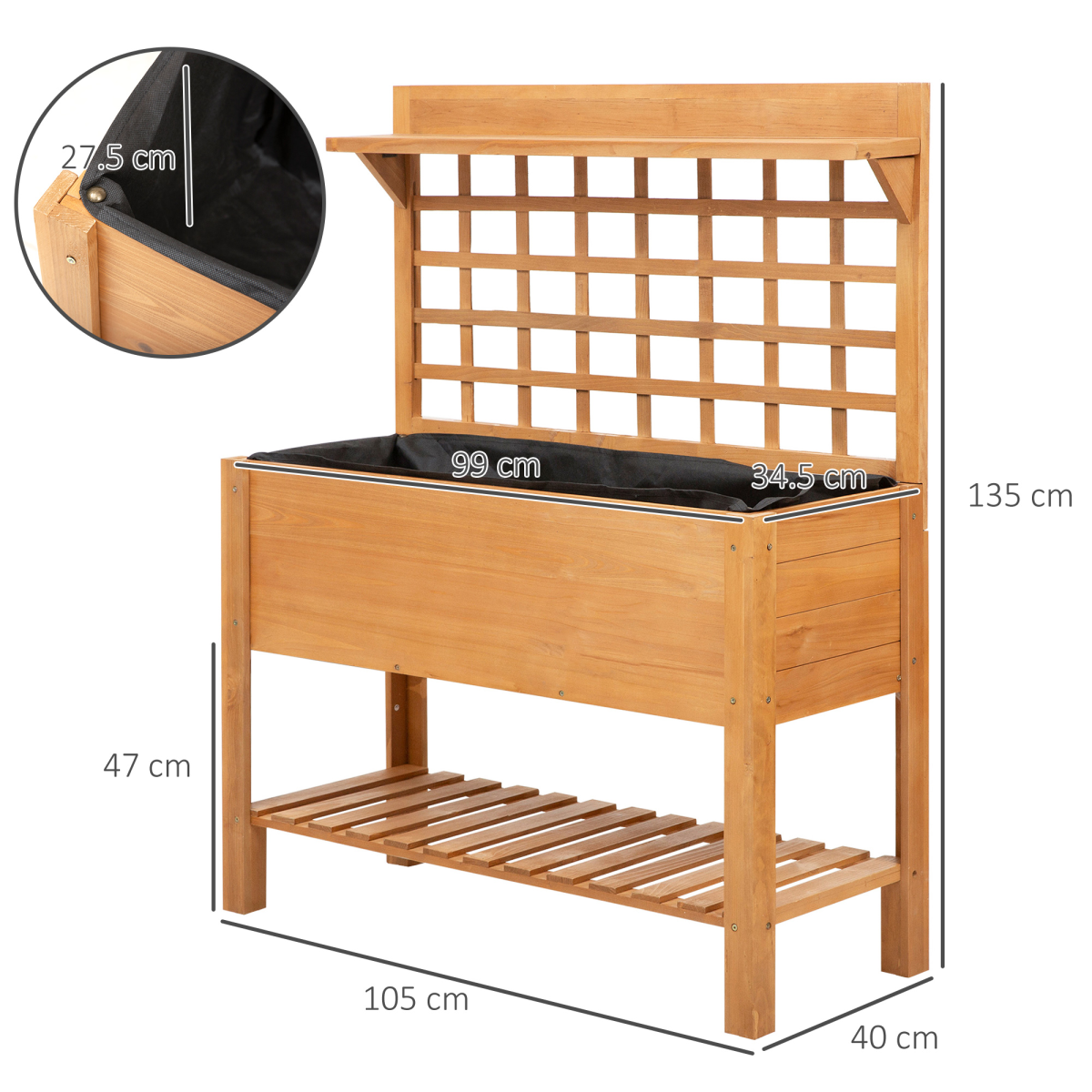 105x40x135cm Wooden Planter Raised Elevated Bed Planter Flower with 2 Shelves
