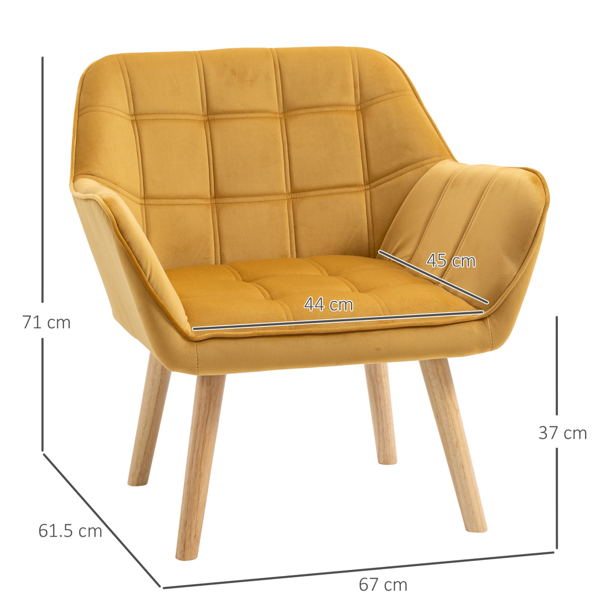 Luxe Velvet-Feel Accent Chair w/ Wide Arms Slanted Back Padding Wood Legs Yellow