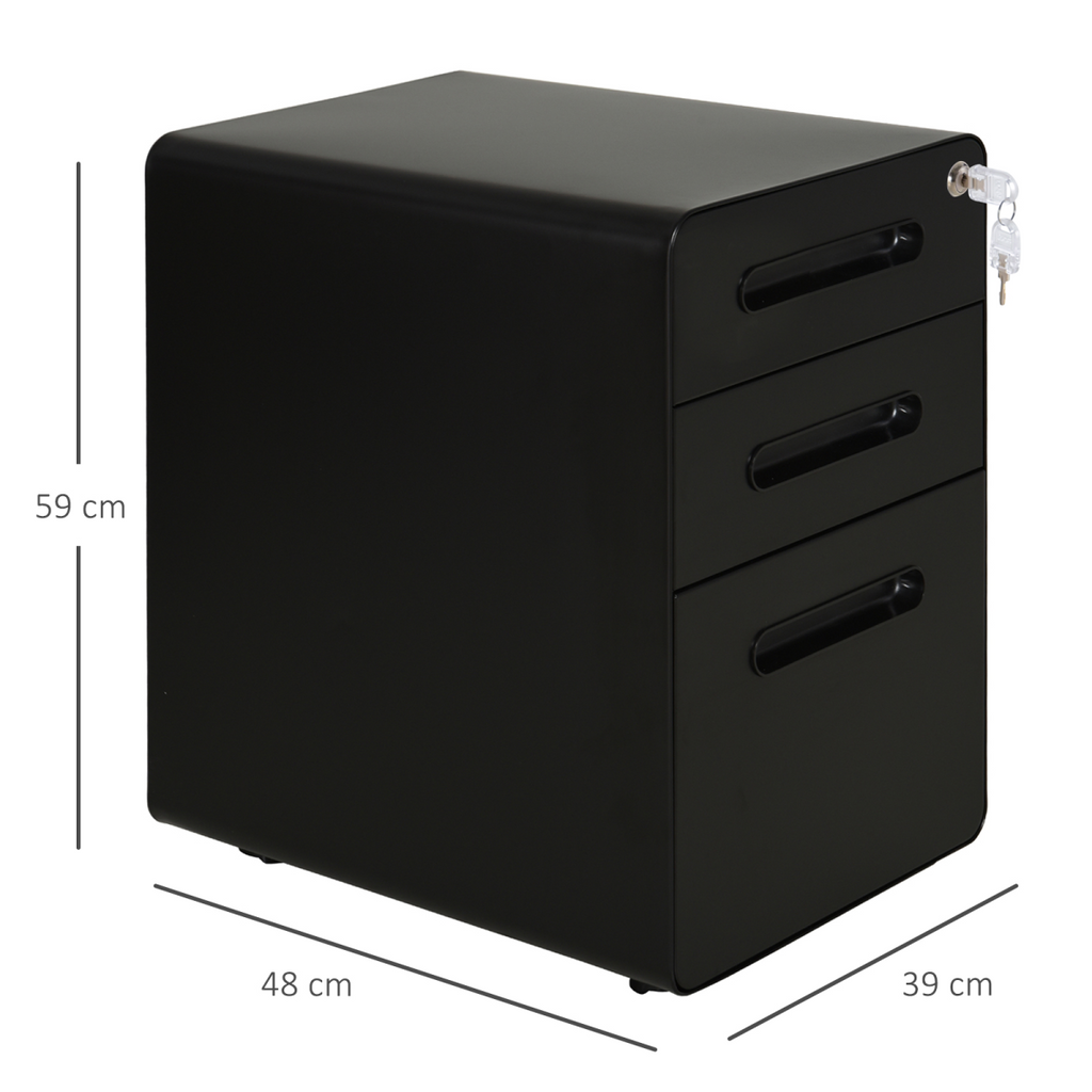 3 Draw Modern Steel Filing Cabinet w/ 4 Wheels Lock Pencil Box Black Vinsetto