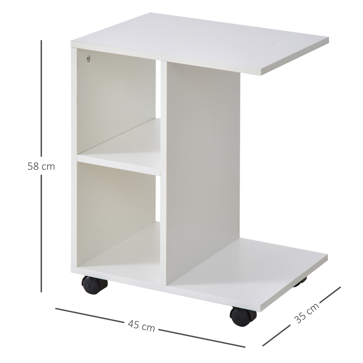 C-Shape End Table Storage Unit w/ 2 Shelves 4 Wheels Home  Office White