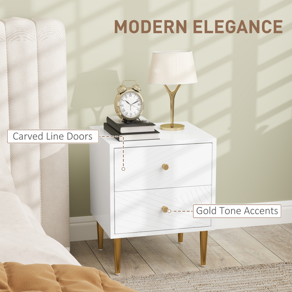 Elegant White Nightstand with Gold Handles & Storage Drawers