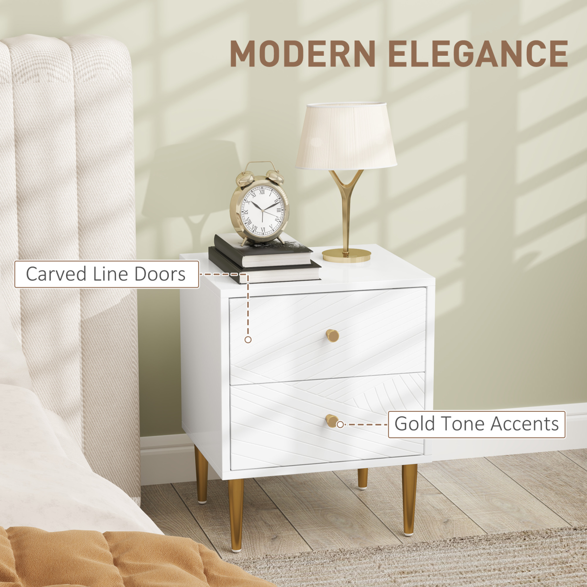 Elegant White Nightstand with Gold Handles & Storage Drawers