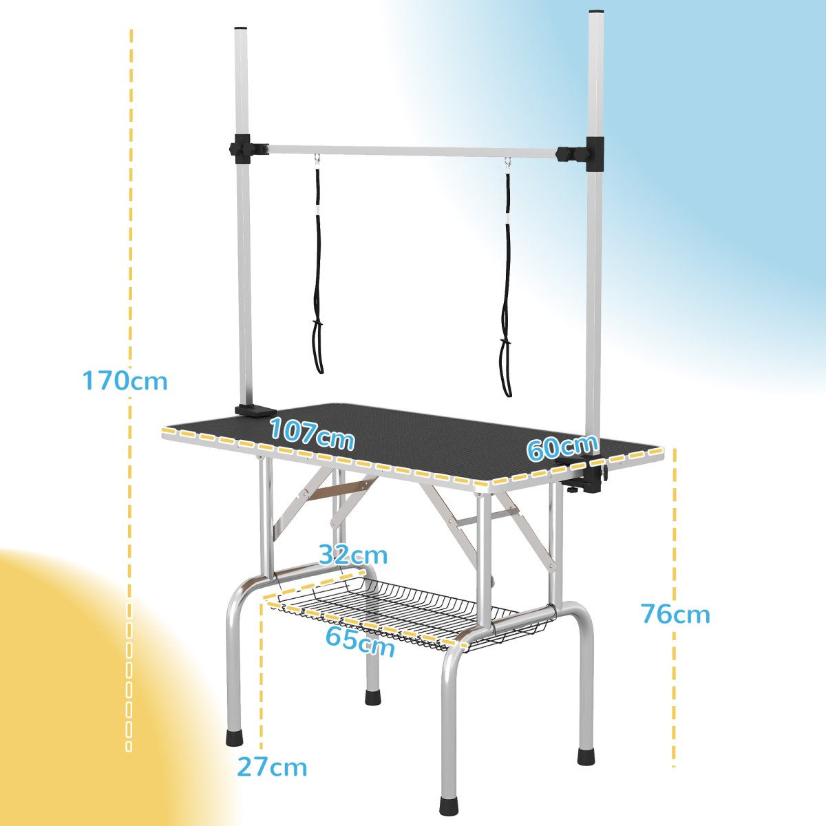 Dog Grooming Table Metal Adjustable Rubber Top 2 Safety Slings Mesh Black