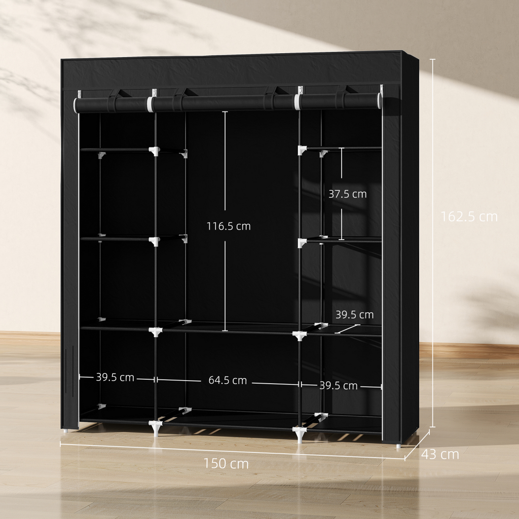 Fabric Wardrobe Portable Wardrobe with 10 Shelves 1 Hanging Rail Black