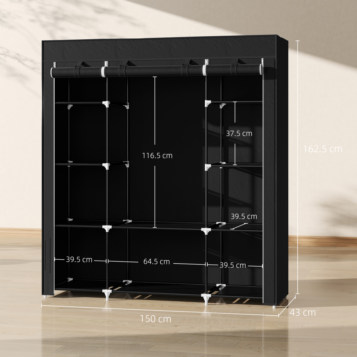 Fabric Wardrobe Portable Wardrobe with 10 Shelves 1 Hanging Rail Black