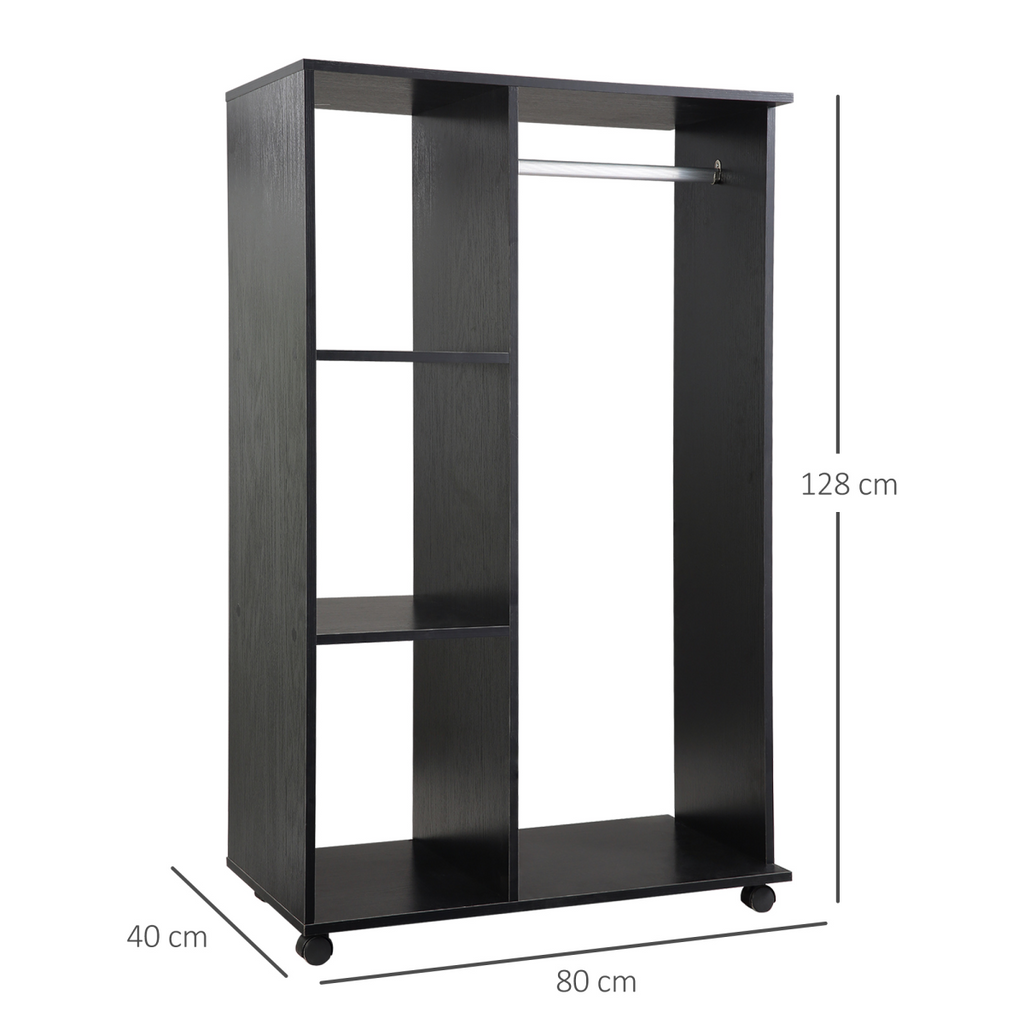 Rolling Open Wardrobe Hanging Rail Storage Shelves for Clothes, Black