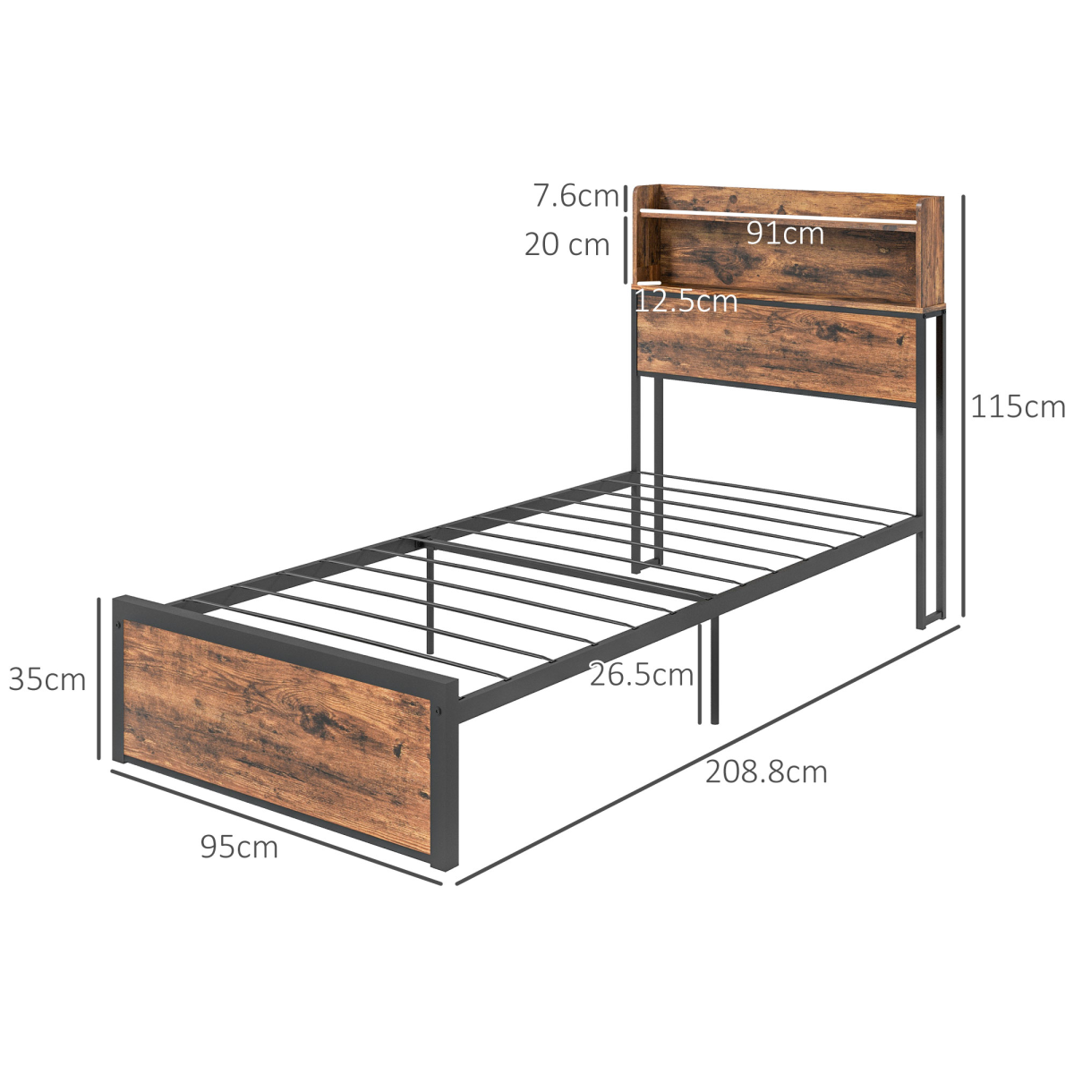 HOMCOM 3.1FT Single Bed Frame with Storage Headboard and Under Bed Storage