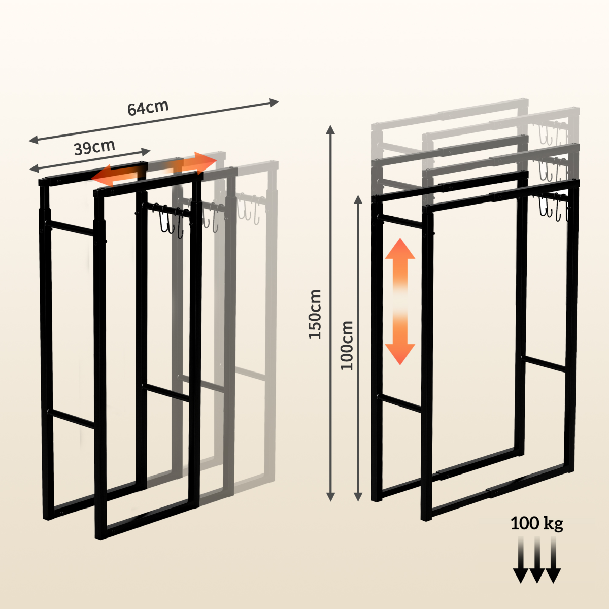 Outsunny 100-150cm Retractable Metal Firewood Log Holder Rack with Hooks