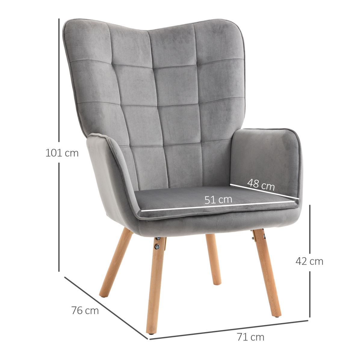 HOMCOM Modern Accent Chair Velvet-Touch Tufted Wingback Armchair Grey