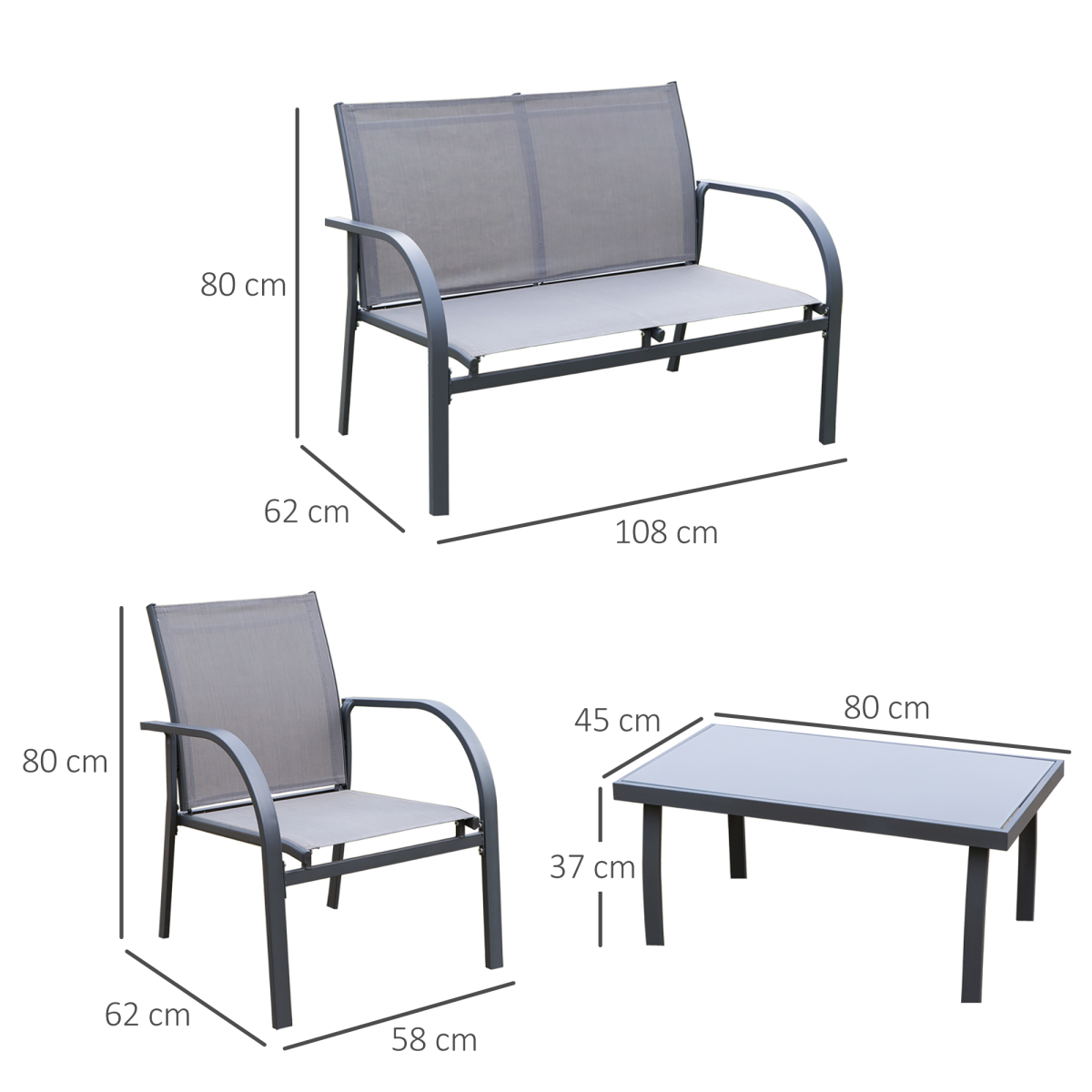 4 Pcs  Dining Set & Loveseat 2 Chairs Glass Top Table Seats Garden Grey