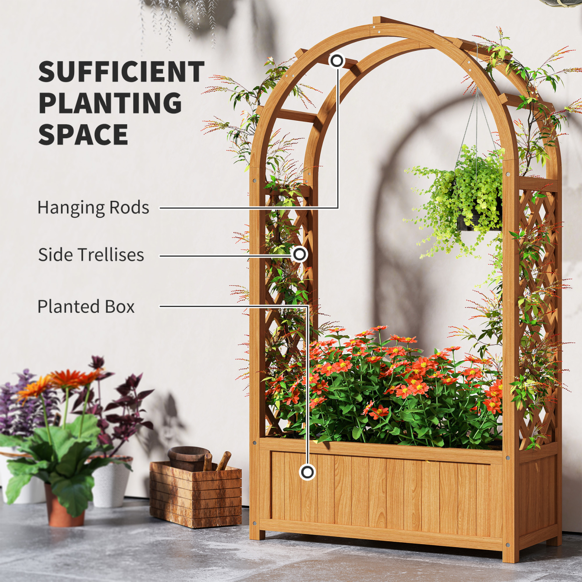 Outsunny Wooden Raised Garden Bed with Trellis & Fabric Liner for Easy Planting