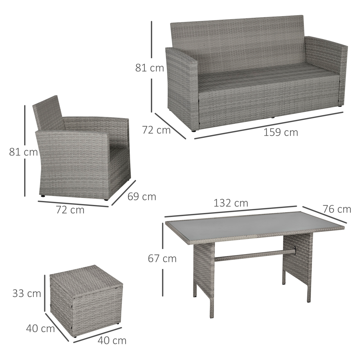 6 PCS Outdoor Rattan Sofa Furniture Sets with Footstool Cushions Grey Outsunny