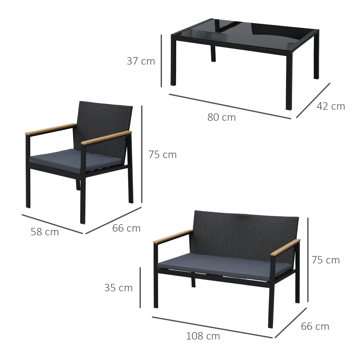 4-Seater Outdoor PE Rattan Table and Chairs Set Black