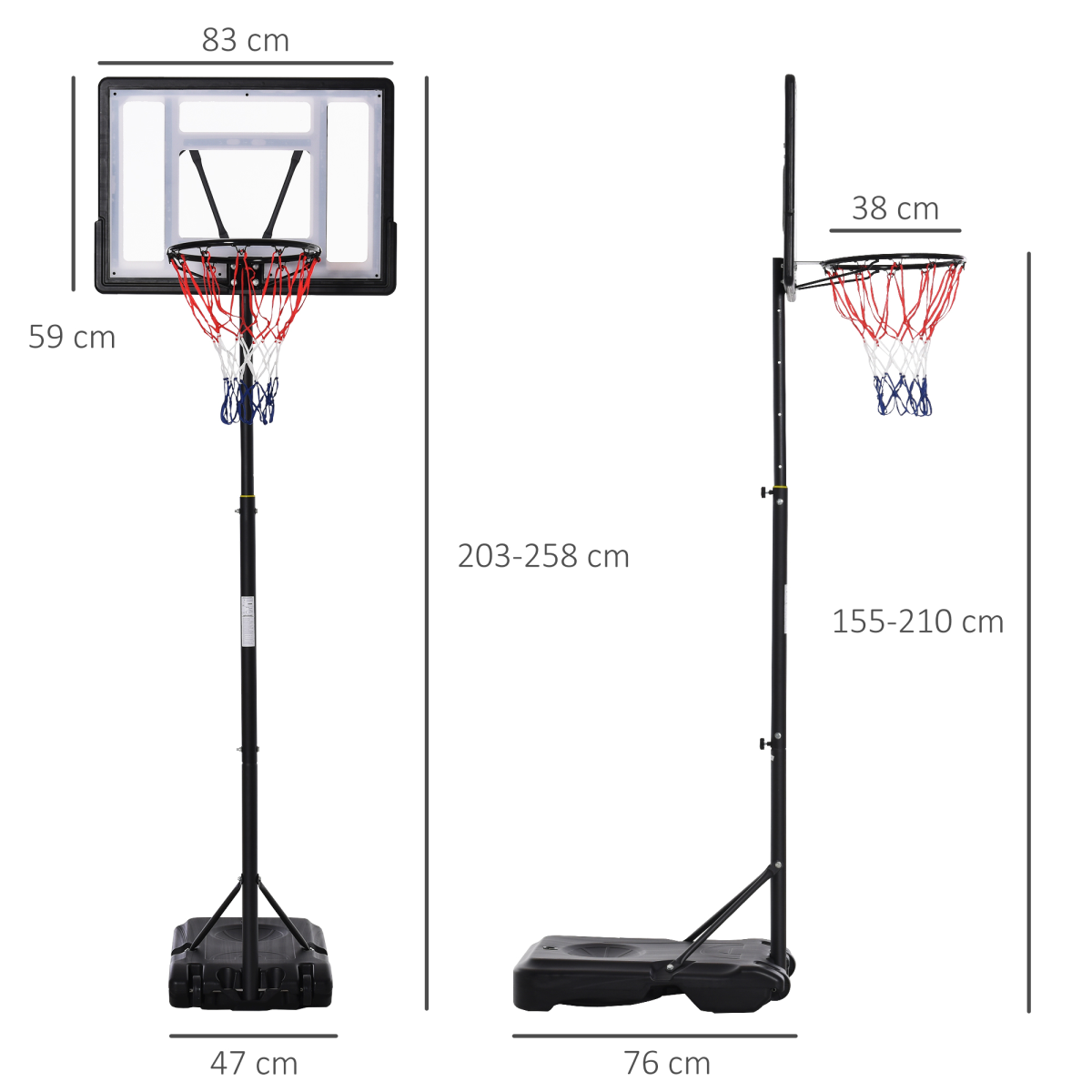 HOMCOM 1.55-2.1m Basketball Hoop and Stand w/ Fillable Base, Wheels, Black