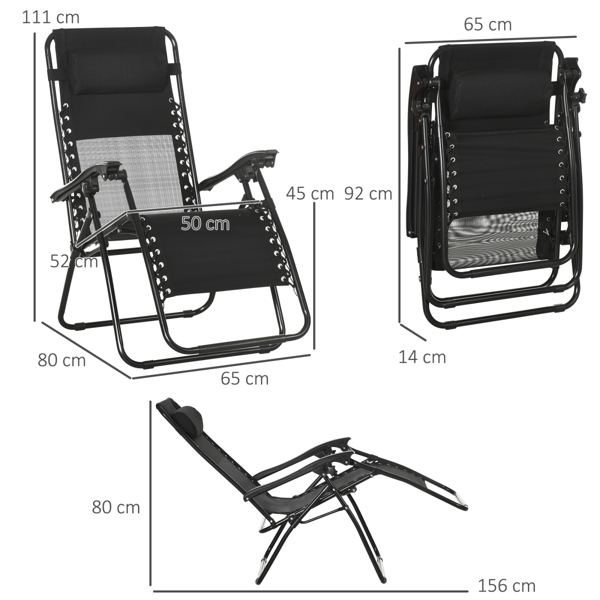 Foldable Garden Recliner Chair Set of 2 w/ Footstool & Headrest, Black