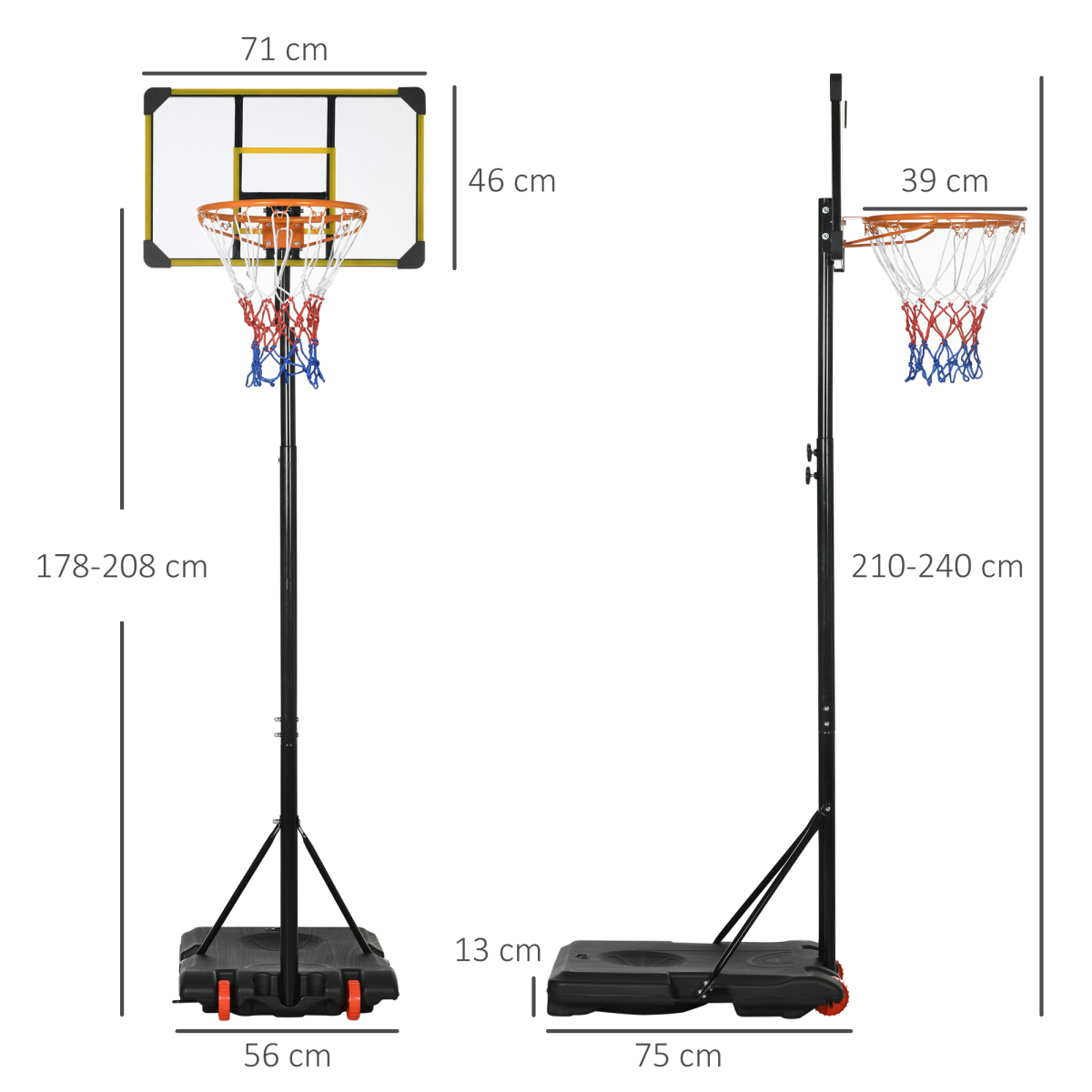 SPORTNOW Adjustable Basketball Hoop and Stand w/ Wheels, 1.8-2.1m, Yellow