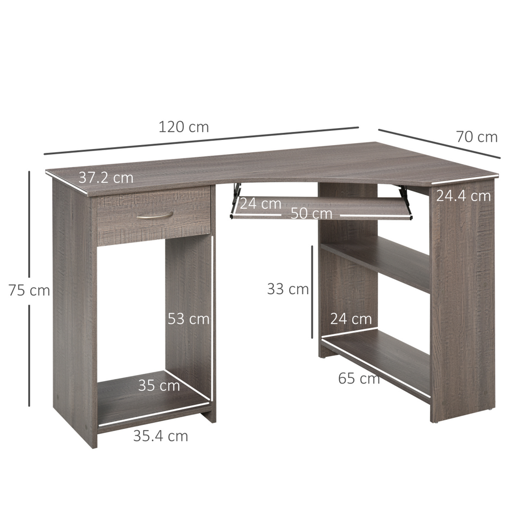 L-Shaped Corner Computer Desk & 2-Tier Side Shelves Wide Table Top Grey