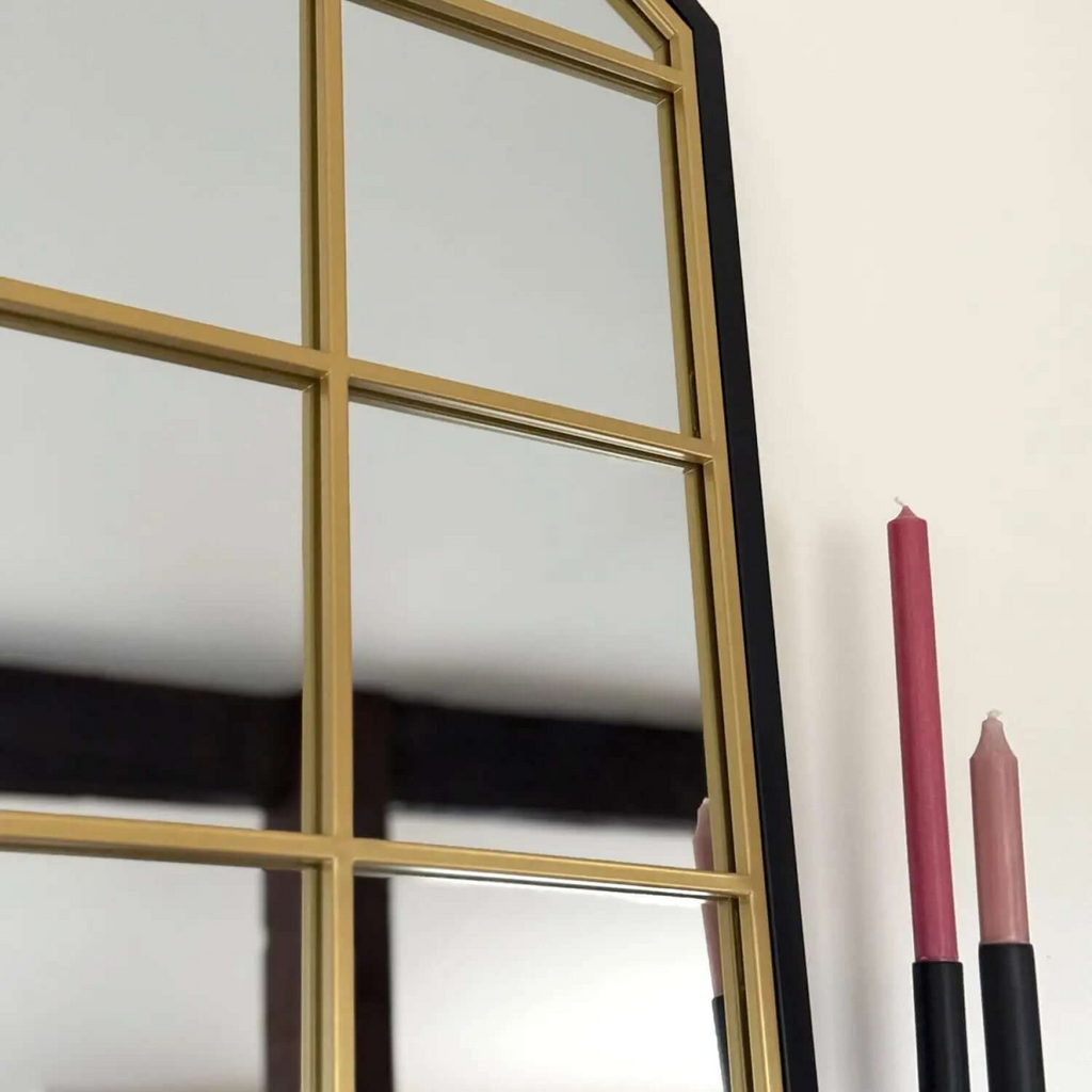 Tomi Elegant Black & Gold Arched Lattice Window Mirror - 180cm x 105cm