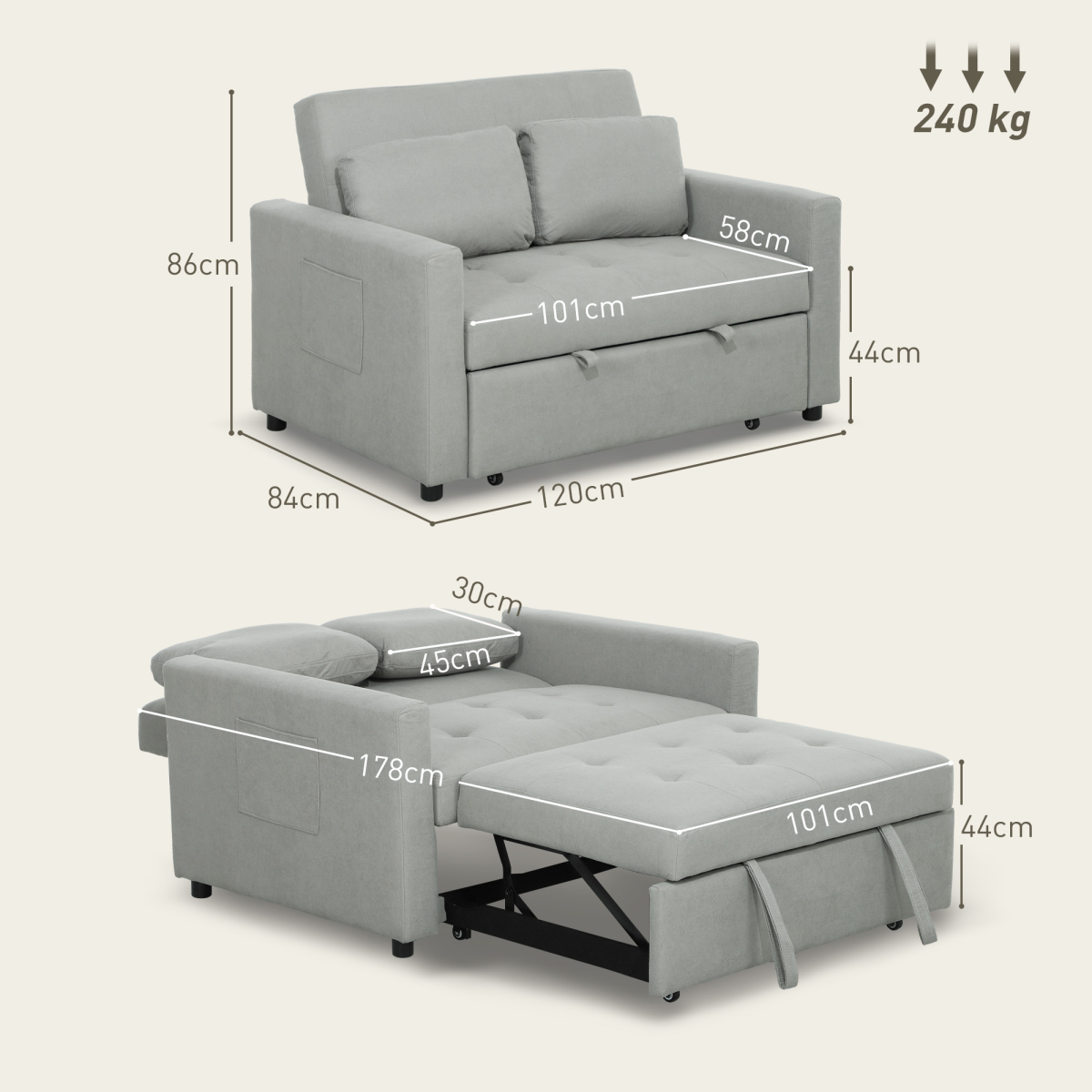 HOMCOM 2 Seater Sofa Bed Convertible Bed Settee with Cushions, Pockets, Grey