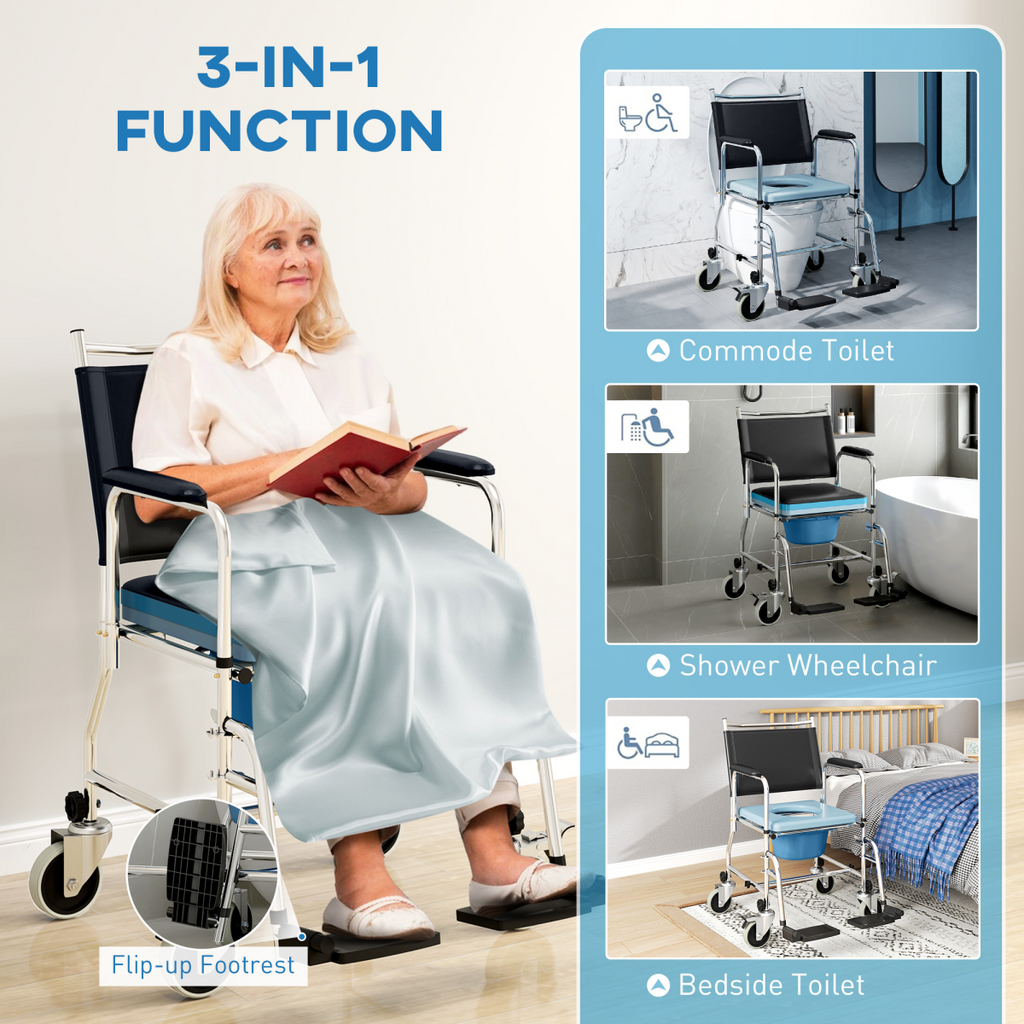 Versatile Commode Shower Chair Wheelchair with Footrest for Comfort