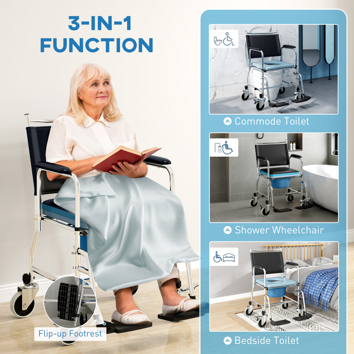 Versatile Commode Shower Chair Wheelchair with Footrest for Comfort