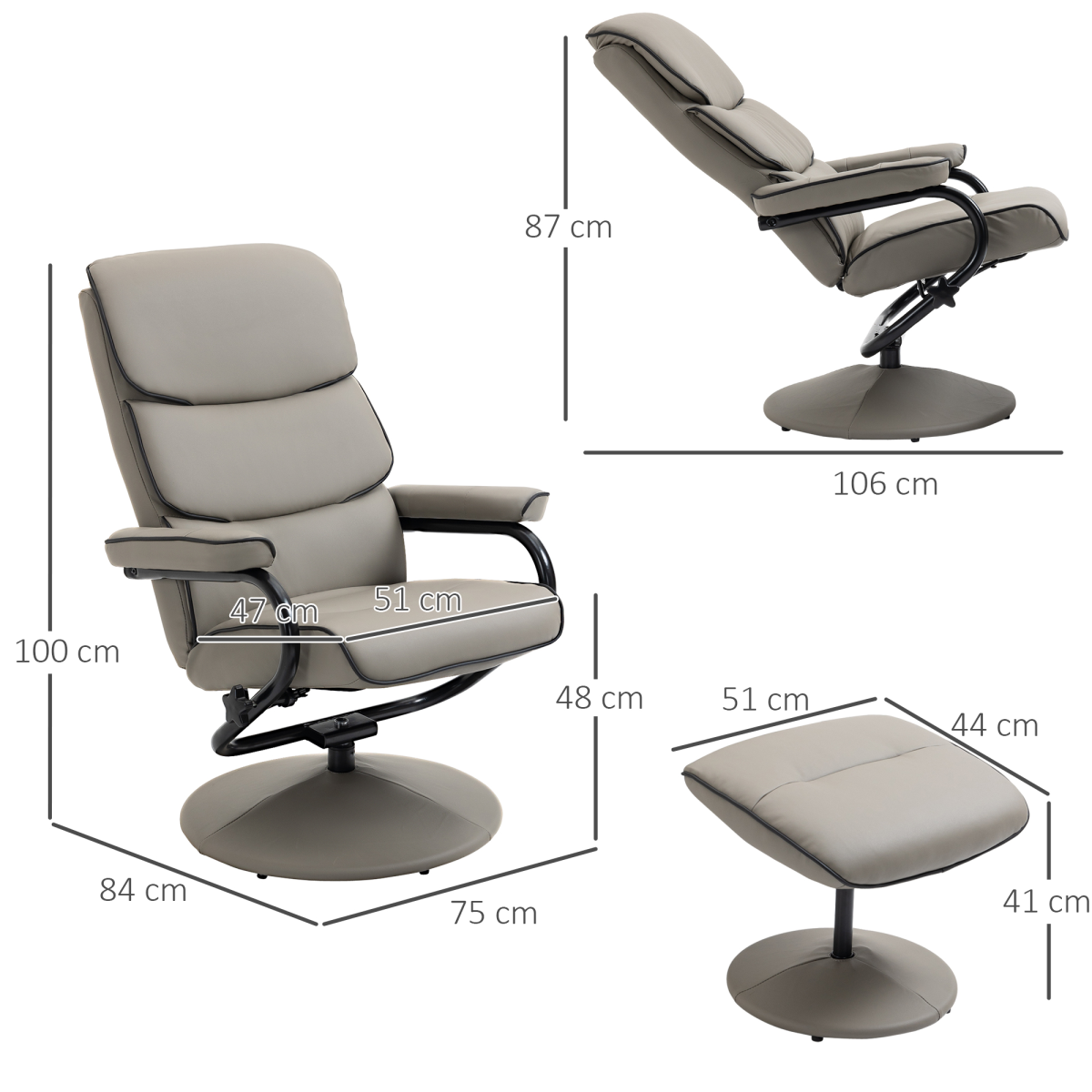 Faux Leather Recliner Chair w/ Ottoman, 135� Adjustable Backrest & Thick Padding