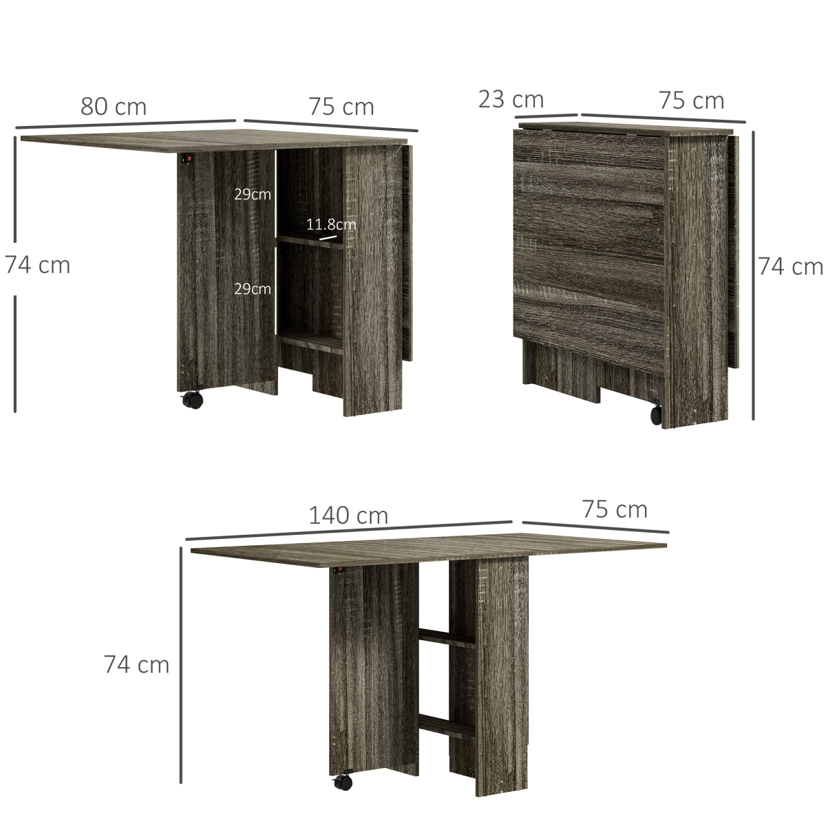 HOMCOM Mobile Drop Leaf Dining Table Folding Desk w/ 2 wheels Storage Shelves