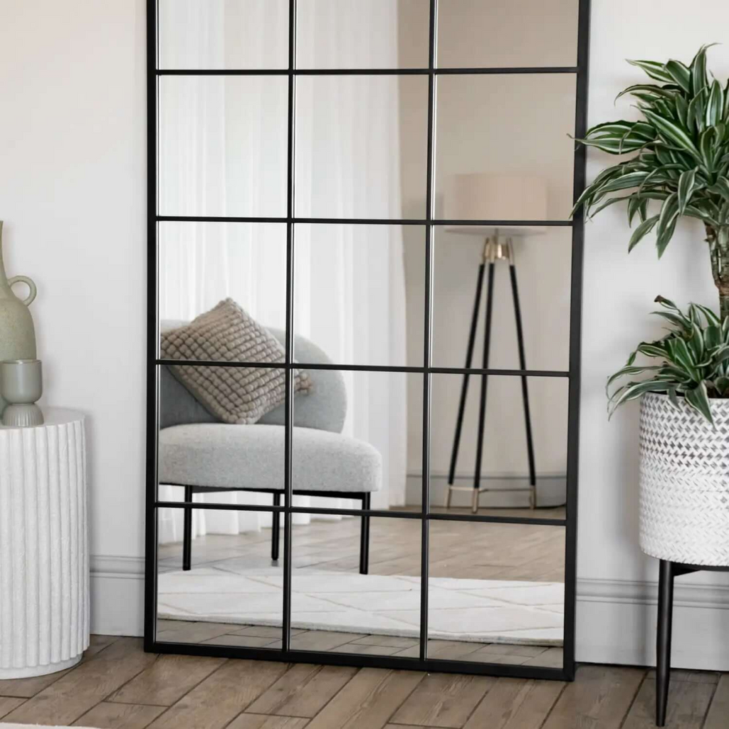 Kyō Black Metal Rectangle Lattice Window Mirror - Elegant 180cm x 90cm Design