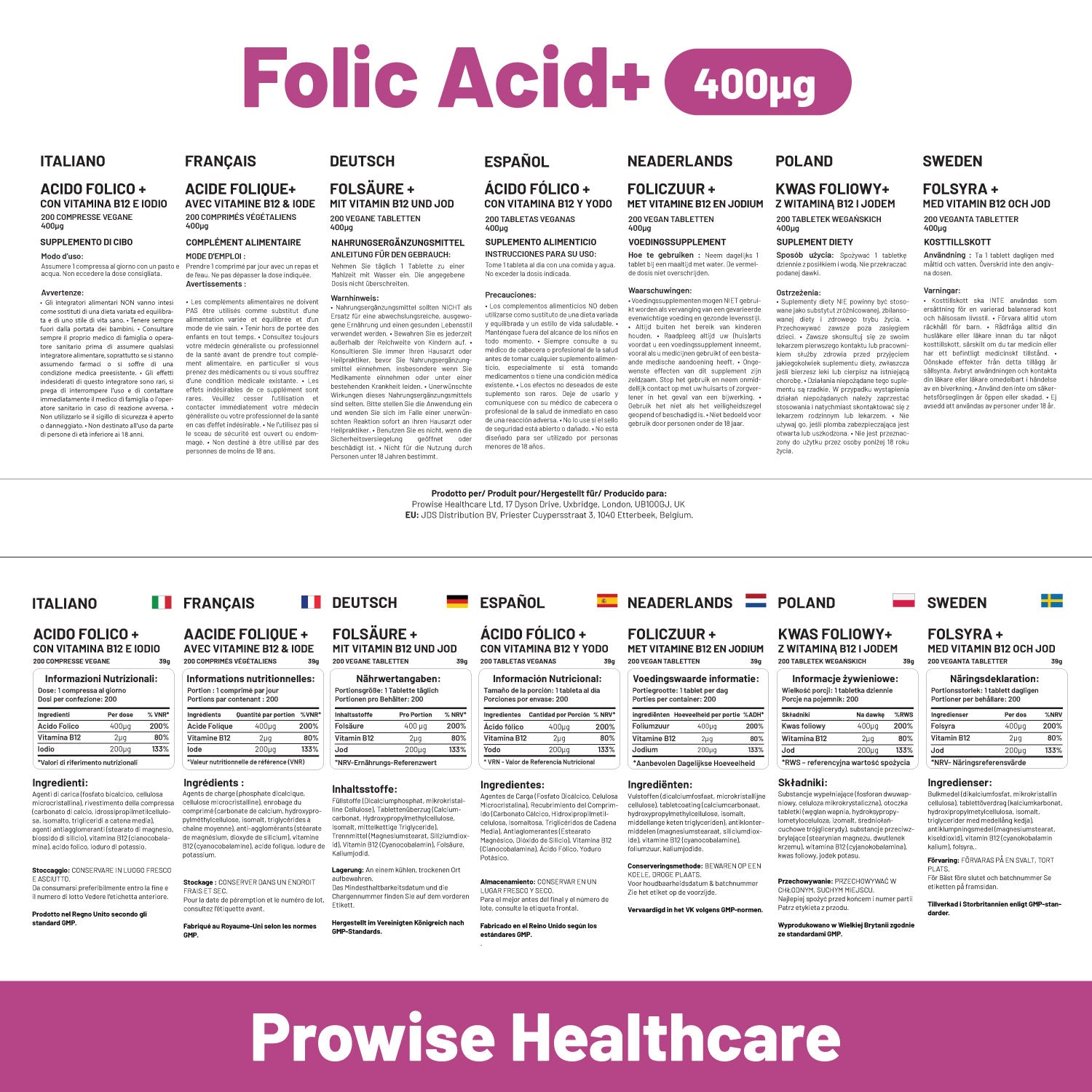 Folic Acid Tablets 400 mcg - 400 Vegan Vitamin B9 Tablets