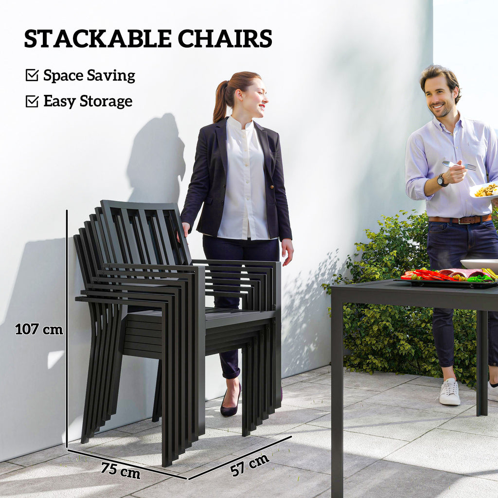 Outsunny 7 PCs Garden Dining Set w/ Stackable Chairs and Metal Top Table, Black