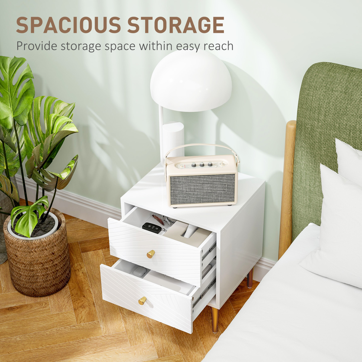 Elegant White Nightstand with Gold Handles & Storage Drawers