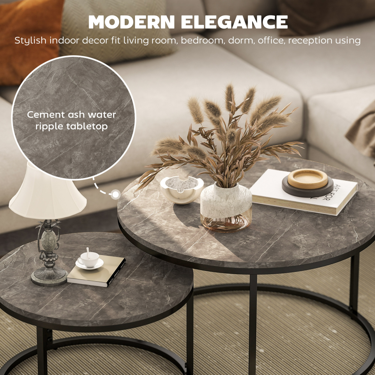 HOMCOM 2 Pcs Stacking Coffee Table Set Steel Frame Marble-Effect Top Foot Pads