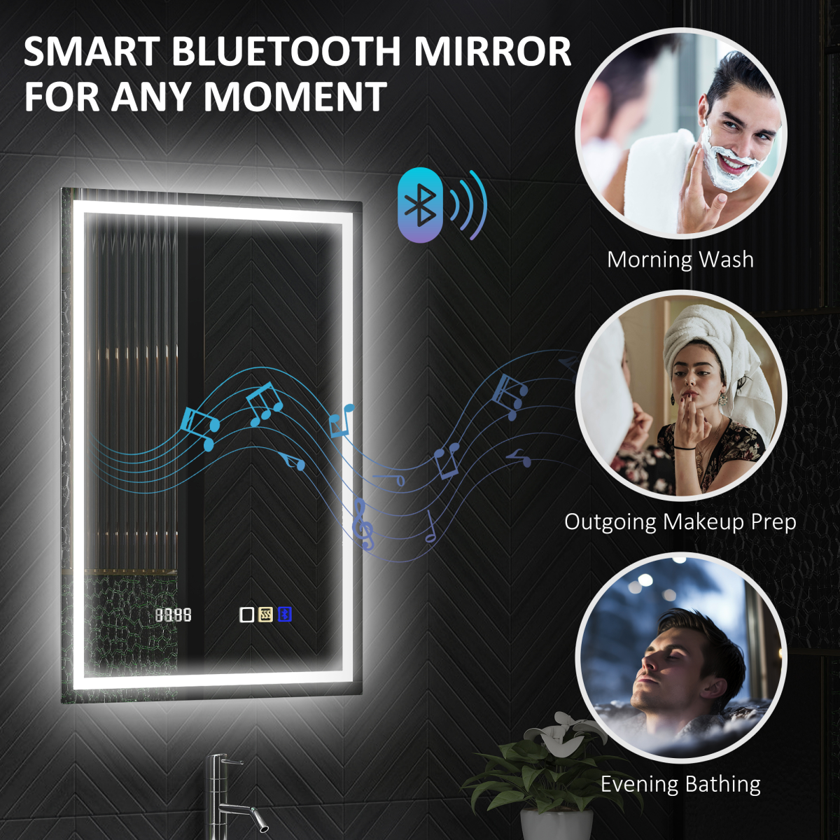 HOMCOM 500 x 700 mm Bathroom Mirror with Bluetooth Clock Lights Demister Pad
