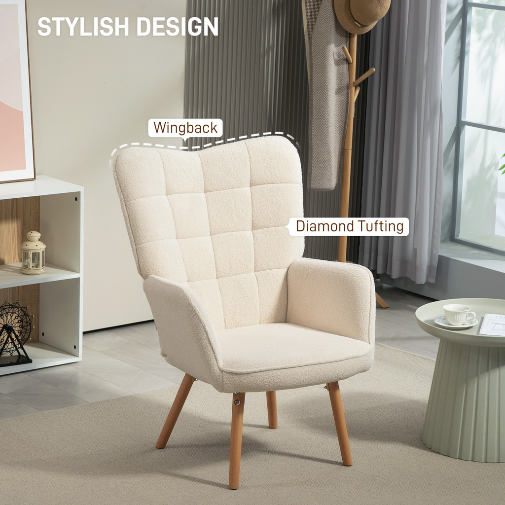 HOMCOM Upholstered Tufted Wingback Armchair with Seat Padding, Cream White
