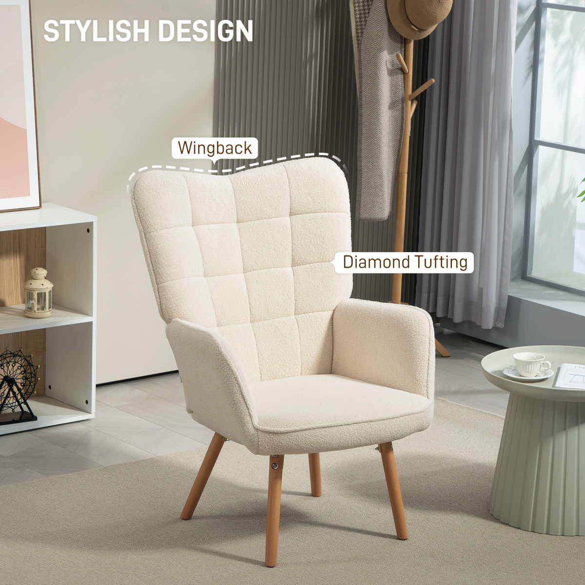 HOMCOM Upholstered Tufted Wingback Armchair with Seat Padding, Cream White