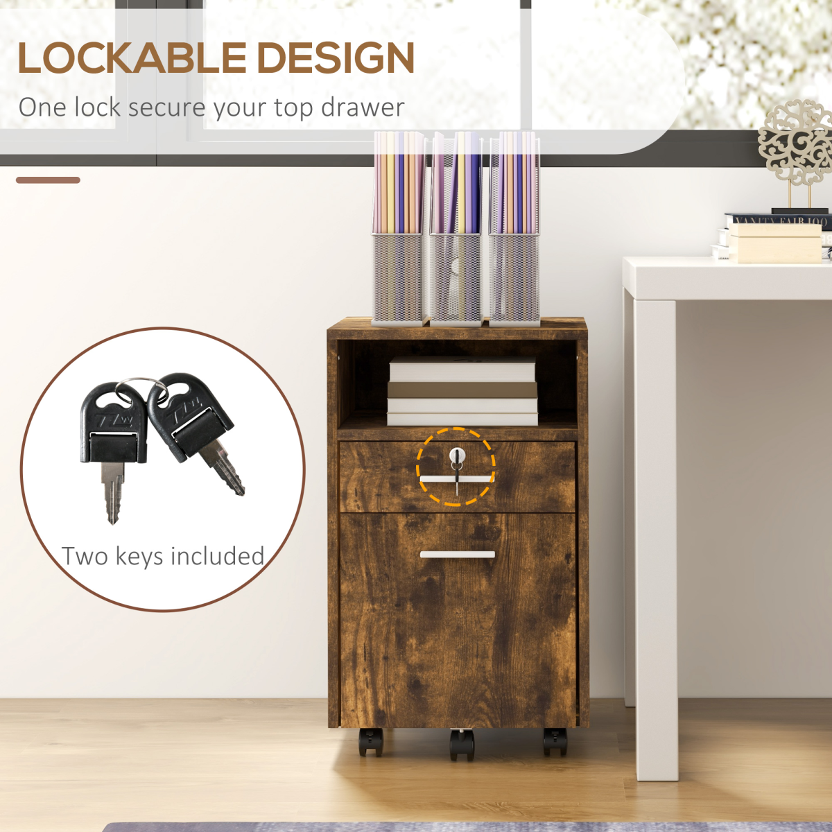 Vinsetto Rustic Mobile File Cabinet - Lockable, Wheeled & Stylish Storage Solution