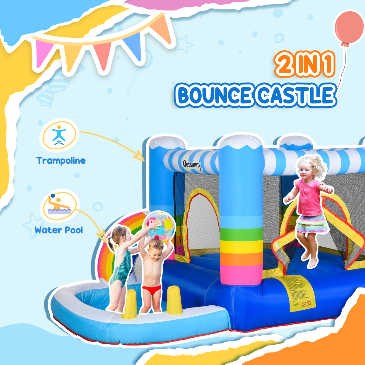 Kids Bouncy Castle with Pool Outdoor Trampoline W/ Net Blower 3-8 Yrs