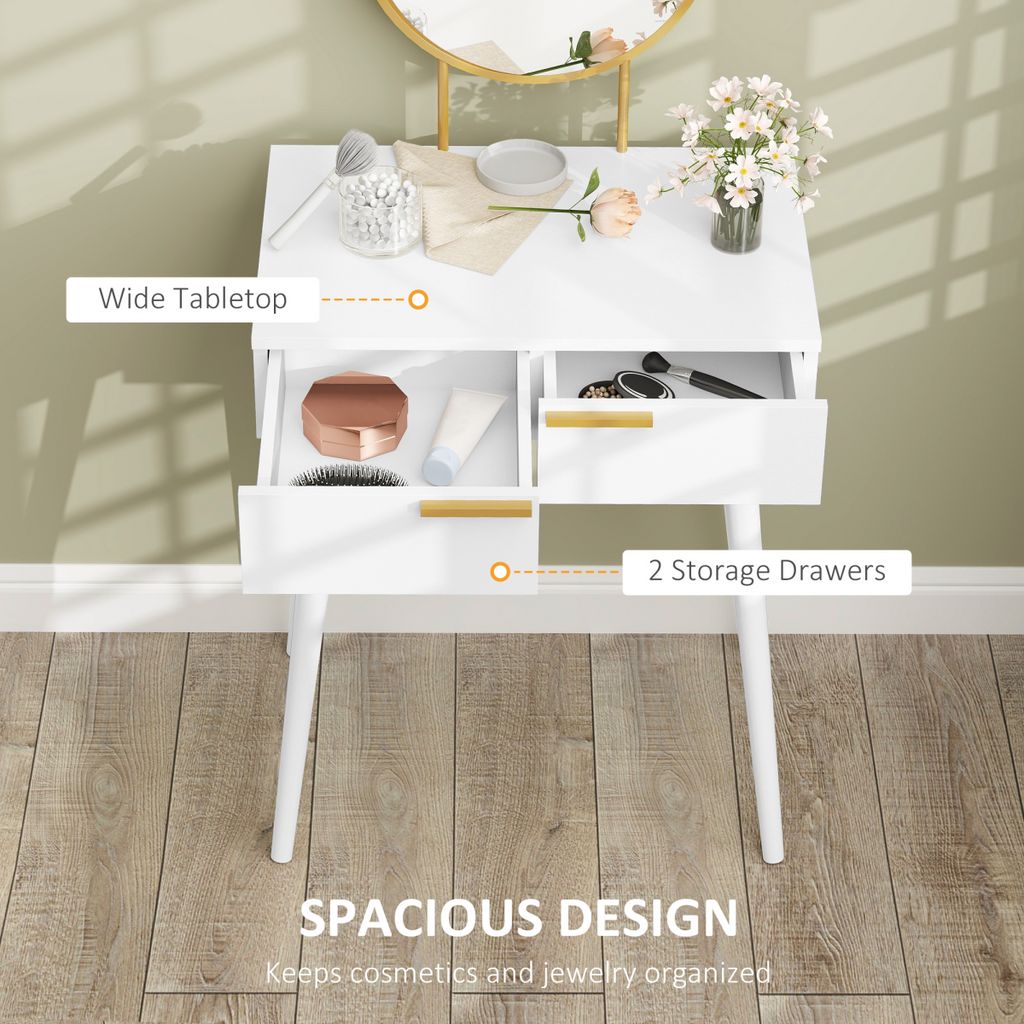 HOMCOM Modern Dressing Table w/ 2 Drawers Round Mirror for Bedroom White