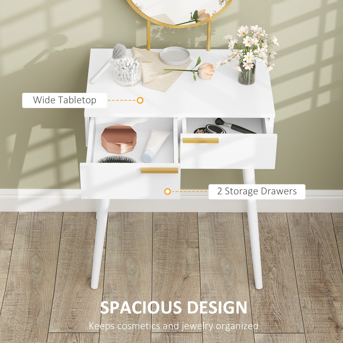HOMCOM Modern Dressing Table w/ 2 Drawers Round Mirror for Bedroom White