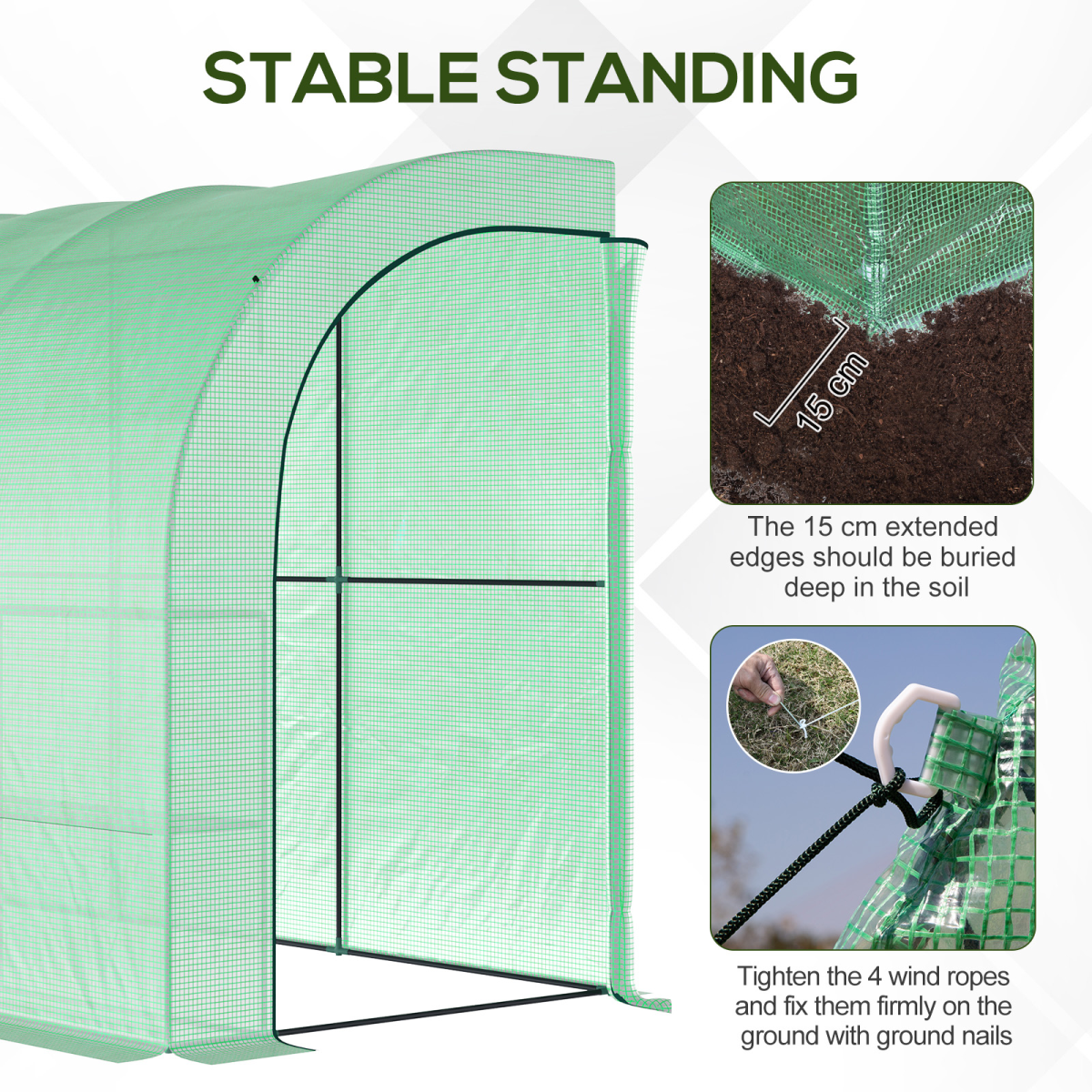 Outsunny 300cm Walk-In Greenhouse with PE Cover & 3-Tier Shelving - Green